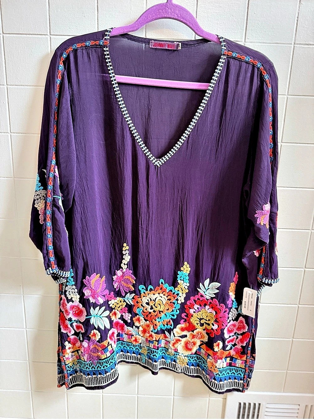 Johnny Was Floral Embroidered Tunic Purple & Multicolor